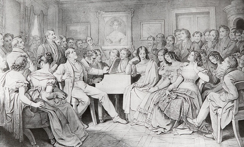 Rysunek: salon pełen słuchaczy, przy fortepianie siedzi Schubert, obok stoi śpiewak